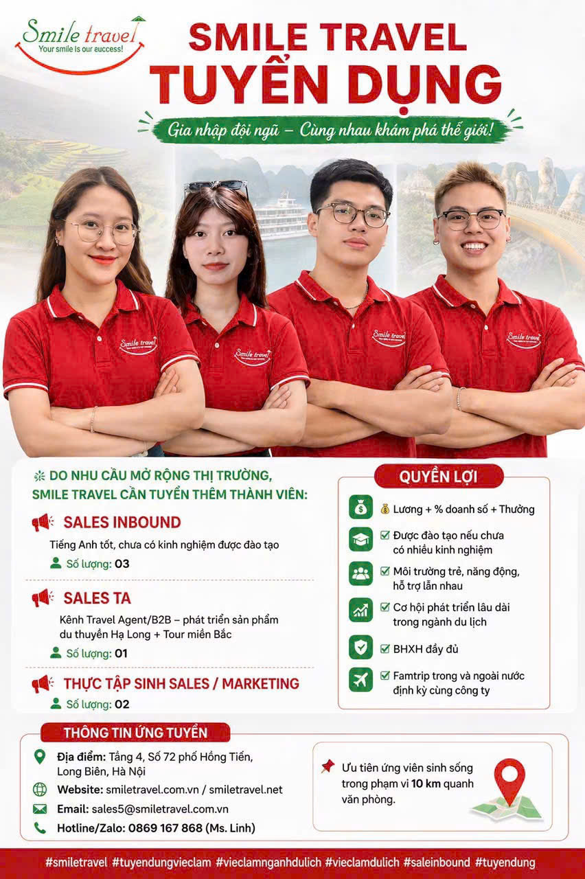 Smile Travel tuyển dụng việc làm du lịch tại Long Biên Hà Nội