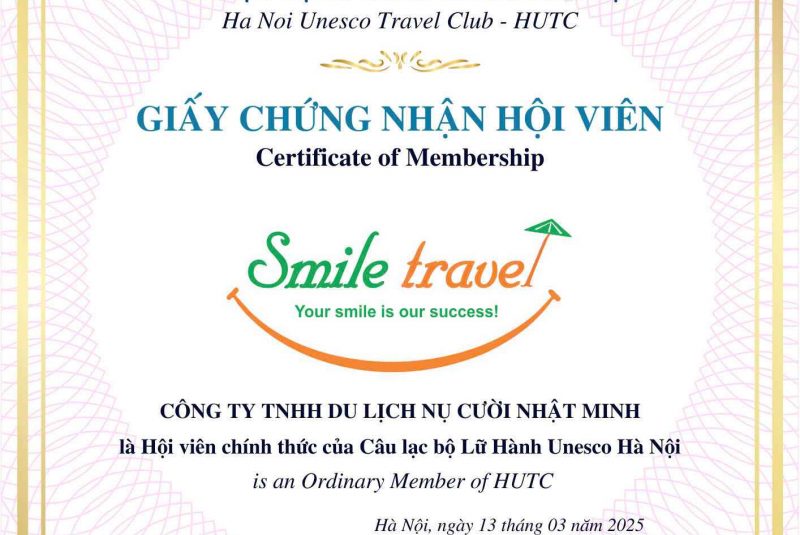 Công ty du lịch Smile Travel là hội viên chính thức của câu lạc bộ lư hành Unesco Hà Nội