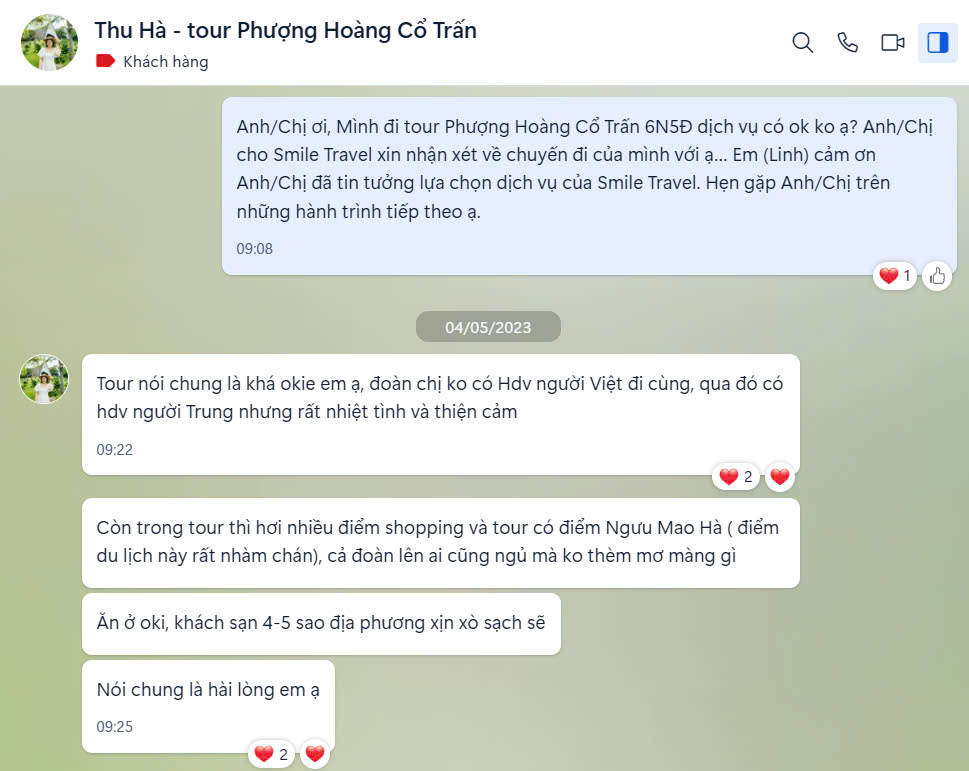 Feedback khách hàng đánh giá tour Trung Quốc - Phượng Hoàng cổ trấn của Smile 