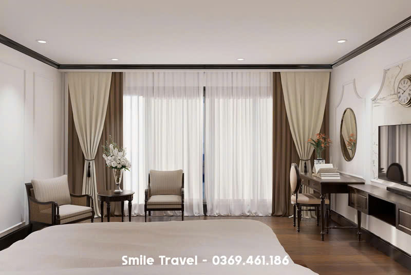 Phòng nghỉ rộng thoáng tone nâu be sang trọng ấm cúng